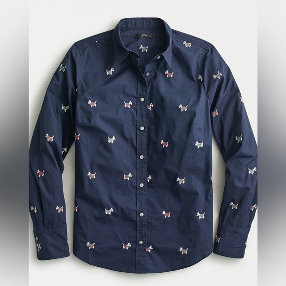 New J. Crew Navy Scottish Terrier Slim Fit Embroidered Shirt Size 12 - Picture 2 of 11